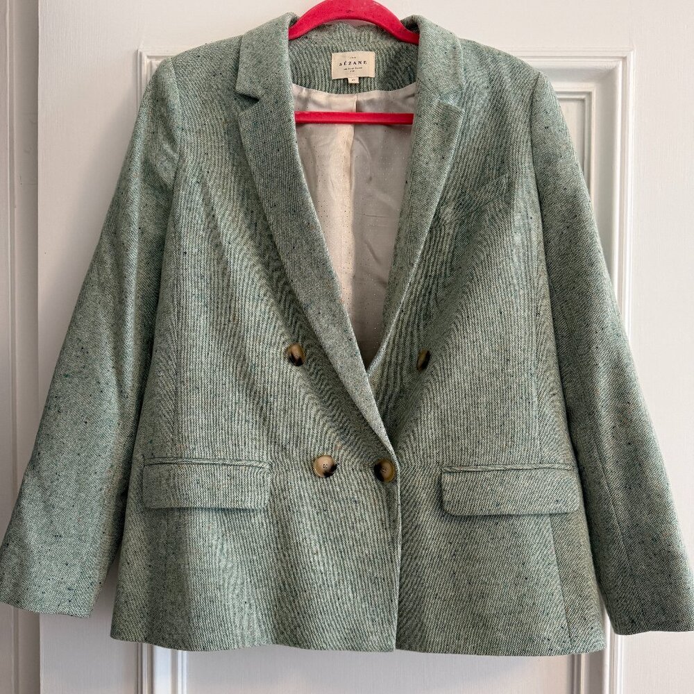 Sezane Christie Jacket: Light Green Tweed Oversized Blazer, Size 40